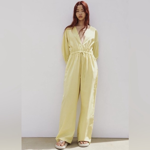 Zara Pants - ZARA Drawstring Pistachio V Neck Long Sleeve Jumpsuit- NWT Size XS